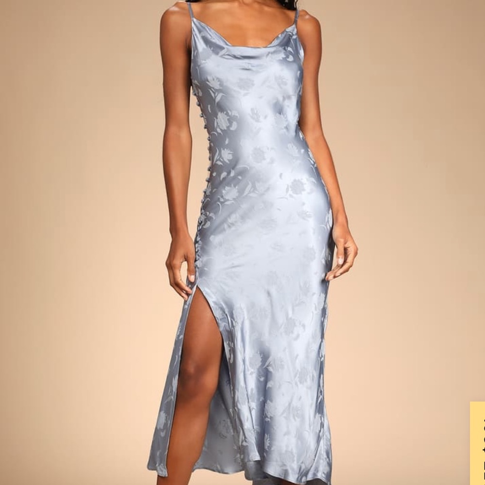 Lulus All About You Slate Blue Floral Jacquard Satin Midi Dress NWT